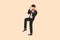 Business flat drawing happy businessman standing with fold one leg and do the yes gesture with both hands. Office worker celebrate