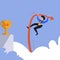 Business flat drawing motivated businessman jumping using pole vault to reach trophy. Business competition, career challenge and