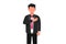 Business flat drawing of pleasant looking kind businessman keep hand on chest, expresses gratitude, being thankful for help,
