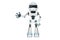 Business flat drawing robot presenting new product. Robot showing something or presenting project. Humanoid robot cybernetic