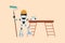 Business flat drawing robot repairman painter standing with painting roller brush, bucket, ladder. Room painter. Humanoid