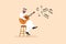 Business flat drawing young Arab man character sitting and playing acoustic guitar. Arabian male playing strings at musical