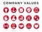 Business Flat Icon Set of Company Core Values. Innovation, Stability, Security, Reliability, Legal, Sensitivity, Trust, High