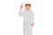 Business flat style drawing young Arabian businessman pointing up finger symbols. Male manager finger index up gesture. Emotion