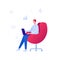 Business freelance work concept. Vector flat person illustration. Male sitting with laptop on chair and diagram chart icon sign.