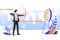 Business goal achievement concept. Vector flat cartoon illustration. Businessman aiming target with bow and arrow