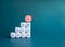 Business goal and success. 3d Target icon on the top of growth graph steps, white blocks with check mark symbol.
