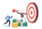 Business Goals Achievement Concept. Tiny Businessman Character Throw Darts to Huge Target. Aim Mission Challenge, Task