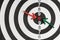 Business goals or financial target, green and red arrow pointing at red dot center of black and white circle dartboard with score