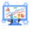 Business graph report growth, vector illustration. Man woman people character have data analytics at screen, flat