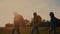 business. a group of hikers walk go forest park silhouette. business journey travel concept. hikers walk silhouette