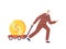 Business Growth, Investment, Wealth and Prosperity Concept. Businessman Character Pull Trolley with Huge Golden Coin