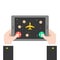 Business hand holding tablet playing spaceship game, falt design