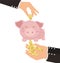 Business Hand Putting Gold Coin Into Cute Piggy Bank But Got Stolen