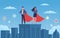 Business heroes. Woman and man with red capes on skyscraper roof, city background with different symbol tags, brave