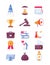 Business icons vector set. Rocket, megaphone, winner cup are shown. Books, briefcase, judge's gavel, calendal