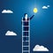 Business Idea Concept. Climbing Ladder Reaching Idea Bulb