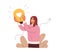 Business idea concept. Employee with lightbulb. Creative woman finding solution, answer at work with light bulb. Happy