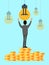 Business idea financial investments vector illustration. Businessman reaches for a light bulb standing on stacks of