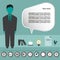 Business idea infographic with icons, person, coffee, folders and papers, flat design