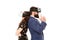 Business implement modern technology. Couple colleagues wear hmd explore virtual reality. Business partners interact in