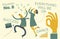 Business infographics with illustrations of business situations. A man and a woman dance and rejoice in success. Signing profitabl