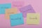 Business and innovation concept - colorful sticky notes with words research, vision, strategy, growth, innovation, marketing