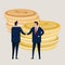 Business investment agreement standing handshake wearing suite formal. Bring money cash coin. Concept vector