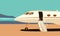 Business jet with an open passenger door and a ramp on the take-off field. Vector flat style illustration