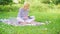 Business lady freelance work outdoors. Become successful freelancer. Woman with laptop sit on rug grass meadow. Girl