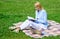 Business lady freelancer work outdoors. Online business ideas concept. Business picnic concept. Woman with laptop or