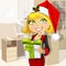 Business lady in Santa cap in Christmas in morning office gives a gift