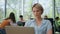 Business lady working laptop at office closeup. Businesswoman sipping coffee cup