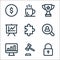 Business line icons. linear set. quality vector line set such as padlock, auction, growth chart, magnifier, puzzle, growth graph,