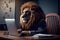 Business Lion in glasses uses a laptop. AI generated.