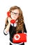 Business little girl with a red phone on a white background