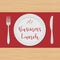 Business lunch concept. Plate with the red text `Business Lunch` on a wooden background