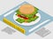 Business lunch infographics. Hamburger with money on plate.