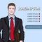 Business man banner, vector background with managing standing front side, cartoon multicolor portrait three quarters, painted huma