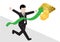 A business man in a black suit runs into the finish line vector and illustraton, green graph is rising with the symbol of gold bar