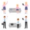 Business man, blonde woman vector. Standing side view, waving, using tablet, sitting on sofa, waiting office boy, girl people