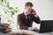 Business man in a business suit portrait work in Office talks