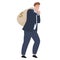 Business man carrying bag with cash money dollar profit lottery win salary vector flat illustration