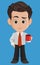Business man cartoon character. Cute young businessman in office clothes holding mug with hot tasty coffee