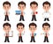 Business man cartoon character. Set of eight illustrations. Cute young businessman in office clothes.