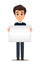 Business man cartoon character. Young handsome smiling businessman in smart casual clothes holding blank banner