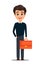 Business man cartoon character. Young handsome smiling businessman in smart casual clothes holding document case
