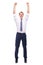 Business man, celebration and winner jumping for employee goals, success happiness and announcement in white background