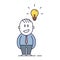 Business man character having an idea. Vector thin line doodle icon illustration with little businessman person with lightbulb.