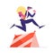 Business Man Character Jumping over Barrier Holding Huge Glowing Light Bulb in Hand. Businessman Fight for Leadership